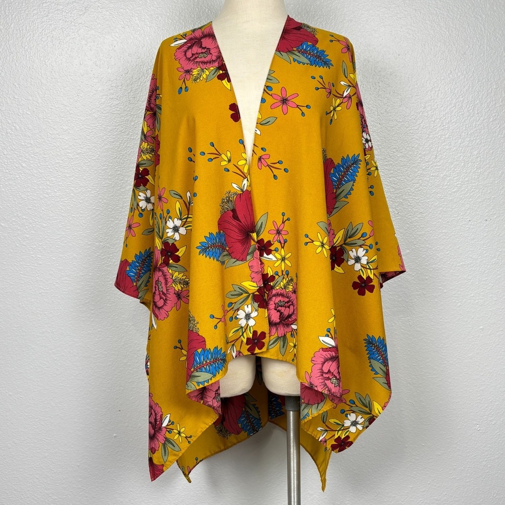 Maurices Golden Yellow Floral Kimono One Size Boho Open Front Lightweight Duster